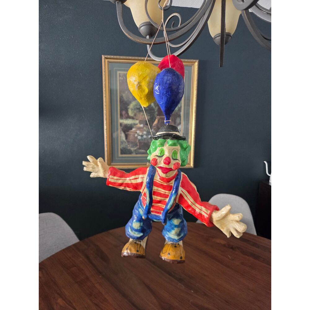 Vintage Papier Mâché Hanging Clown with Balloons 30" Bright Circus Decor